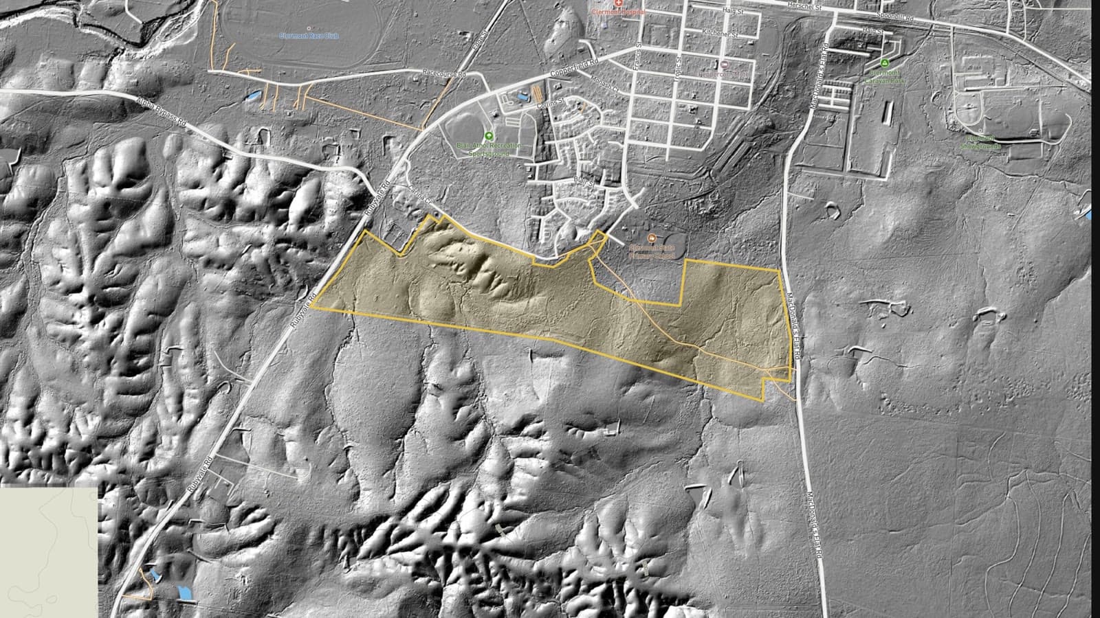 LiDAR hillshade of Town Reserve fossicking area on the edge of Clermont, Queensland