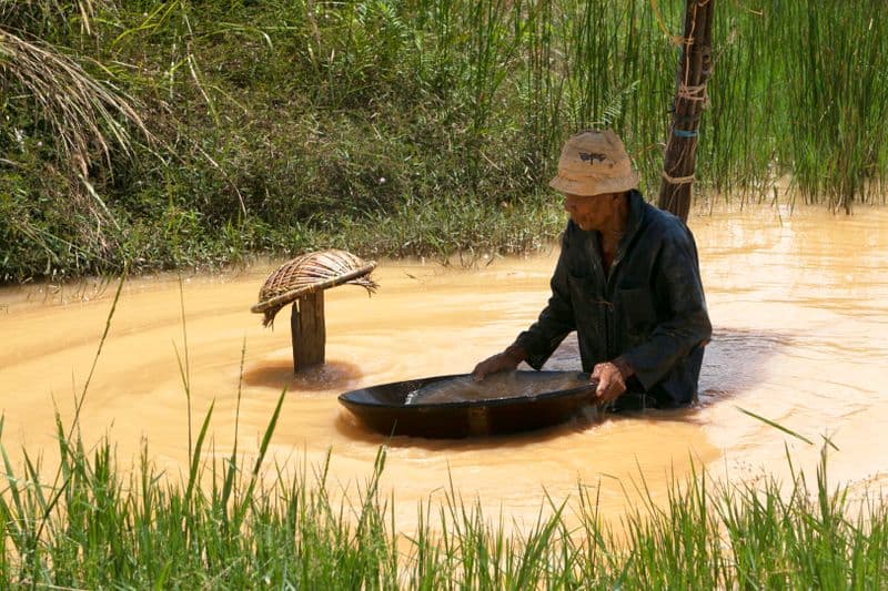 Gold panning technique in a creek