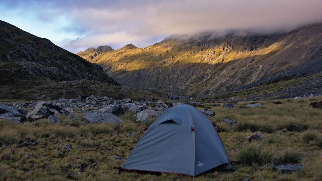 Morning at a riverside campsite in New Zealand