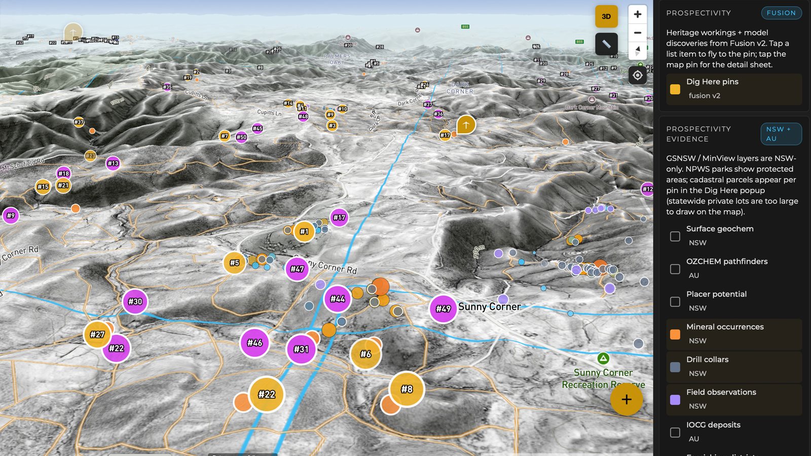 A 3D perspective of the Sunny Corner goldfield in Dig Here: LiDAR terrain dense with ranked gold and purple prospectivity pins, drill collars and mineral occurrences, with the evidence-layer panel open