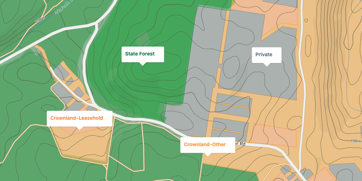 Dig Here map showing land tenure boundaries with colour-coded access categories across mining country