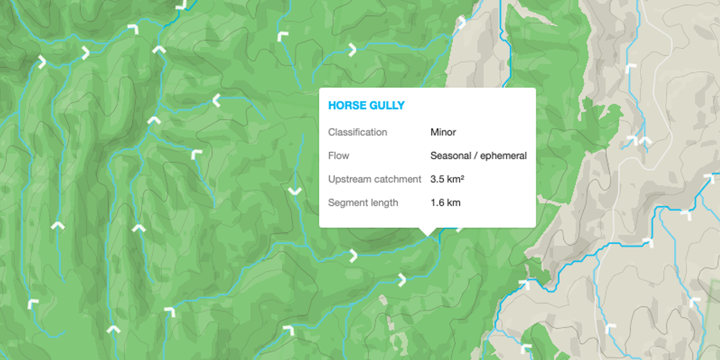 Dig Here map showing watercourse flow direction arrows on colour-coded perennial and seasonal streams across a goldfield