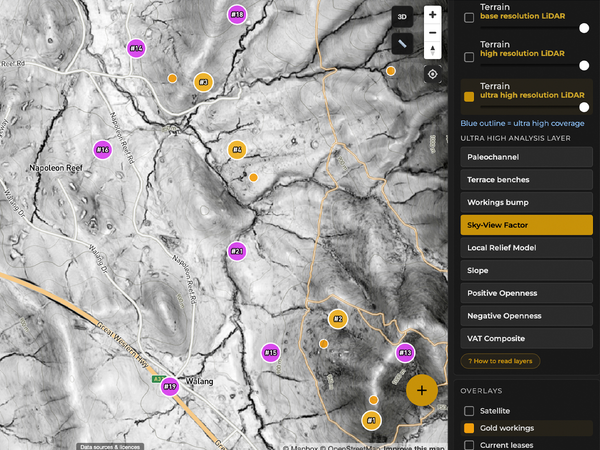 Ranked Dig Here pins scattered across a goldfield, laid over Sky-View Factor ultra high resolution LiDAR terrain, with the analysis-layer panel open